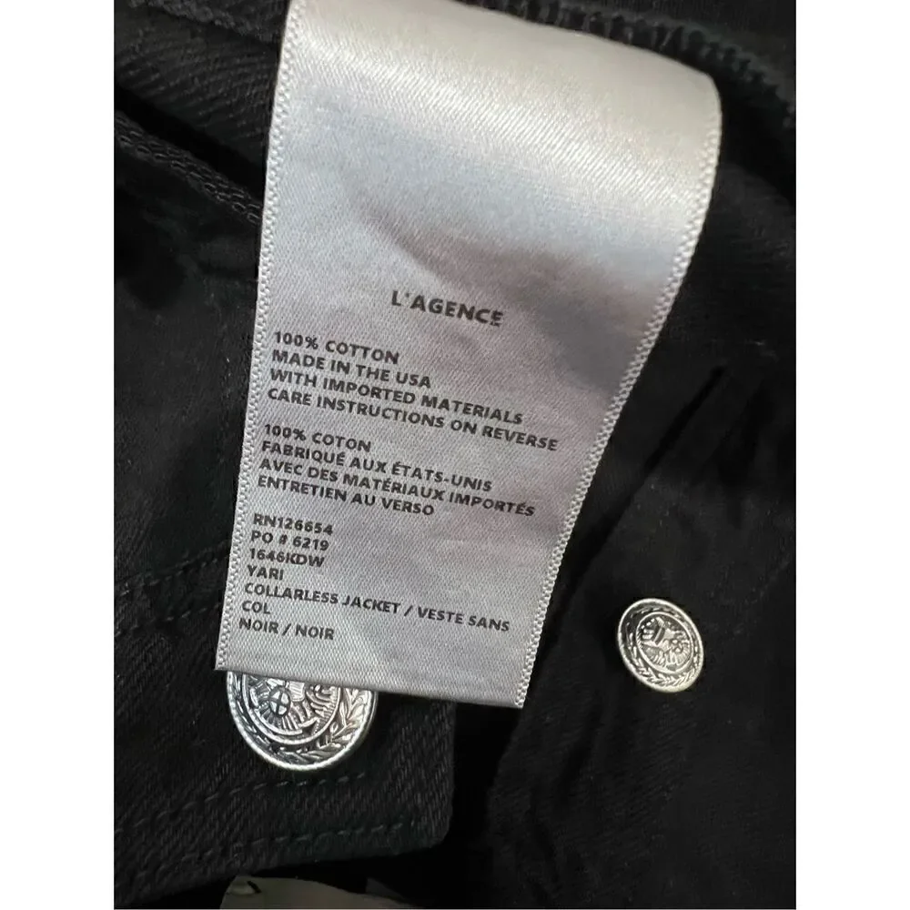 L'AGENCE Women's Black Long Sleeve Yari Collarless Jean Jacket Small NWOT